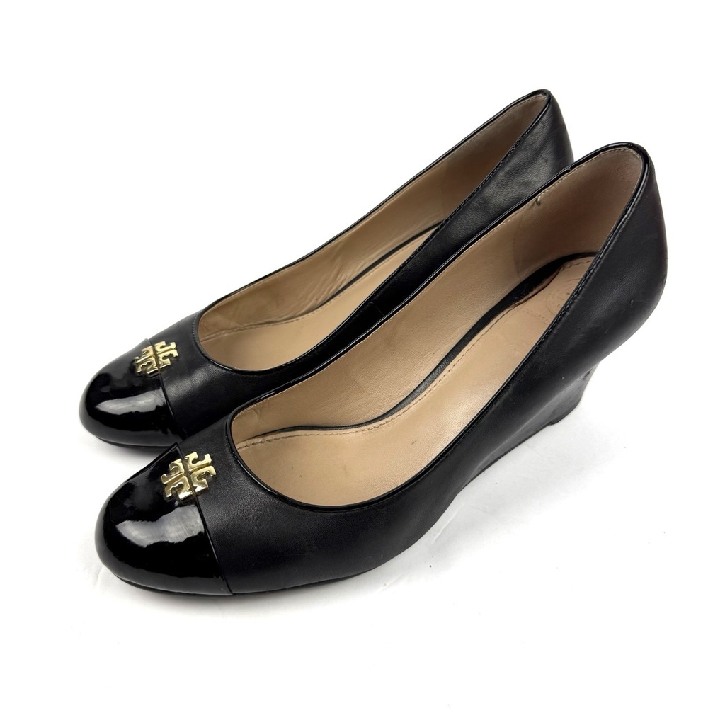 Tory Burch Jolie Wedge Heels 8.5 Black Leather Slip On Shoes Gold Logo